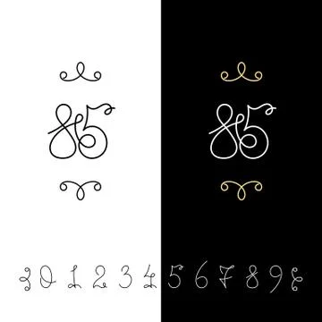 Set of vector calligraphy numbers from 0 to 9. Lined ornate monogram. Illustrazione stock