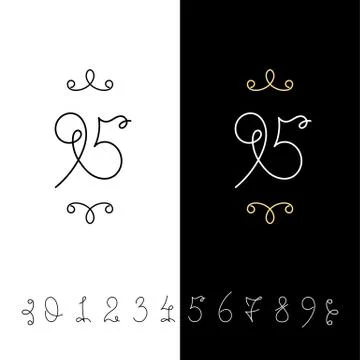 Set of vector calligraphy numbers from 0 to 9. Lined ornate monogram. Stock Illustration