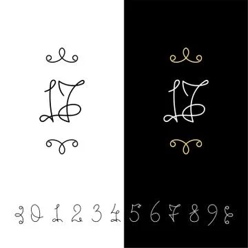 Set of vector calligraphy numbers from 0 to 9. Lined ornate monogram. Stock Illustration