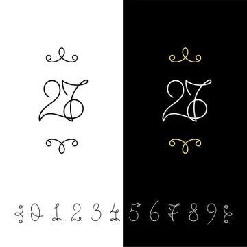 Set of vector calligraphy numbers from 0 to 9. Lined ornate monogram. Stock Illustration