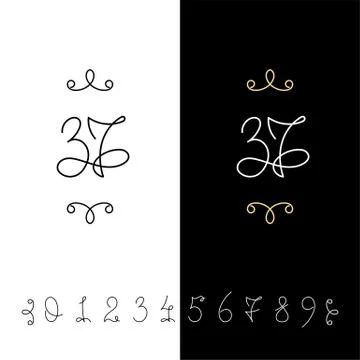 Set of vector calligraphy numbers from 0 to 9. Lined ornate monogram. Illustrazione stock