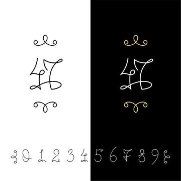 Set of vector calligraphy numbers from 0 to 9. Lined ornate monogram. Stock Illustration