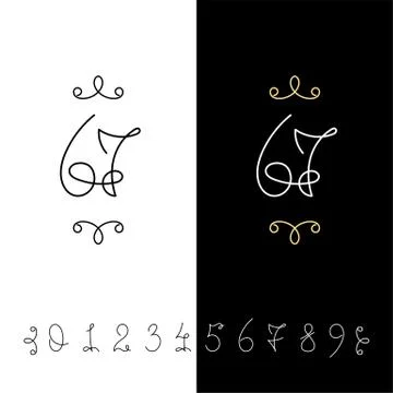 Set of vector calligraphy numbers from 0 to 9. Lined ornate monogram. Stock Illustration