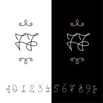 Set of vector calligraphy numbers from 0 to 9. Lined ornate monogram. Stock Illustration