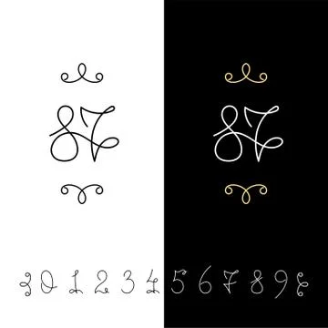 Set of vector calligraphy numbers from 0 to 9. Lined ornate monogram. Stock Illustration