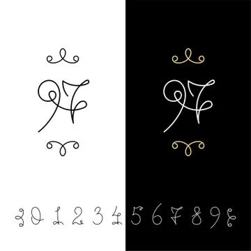 Set of vector calligraphy numbers from 0 to 9. Lined ornate monogram. Illustrazione stock