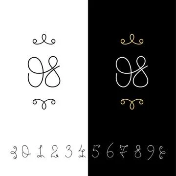 Set of vector calligraphy numbers from 0 to 9. Lined ornate monogram. Illustrazione stock