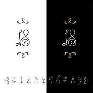 Set of vector calligraphy numbers from 0 to 9. Lined ornate monogram. Illustrazione stock