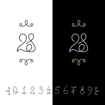 Set of vector calligraphy numbers from 0 to 9. Lined ornate monogram. Illustrazione stock