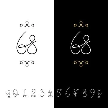 Set of vector calligraphy numbers from 0 to 9. Lined ornate monogram. Stock Illustration