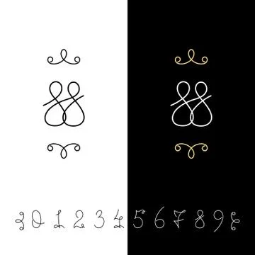 Set of vector calligraphy numbers from 0 to 9. Lined ornate monogram. Illustrazione stock