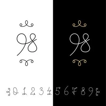 Set of vector calligraphy numbers from 0 to 9. Lined ornate monogram. Stock Illustration