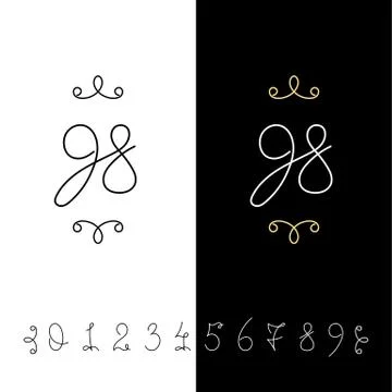 Set of vector calligraphy numbers from 0 to 9. Lined ornate monogram. Stock Illustration