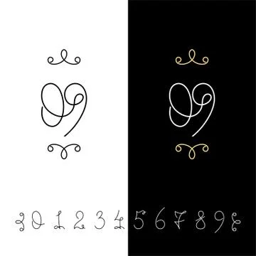 Set of vector calligraphy numbers from 0 to 9. Lined ornate monogram. Stock Illustration