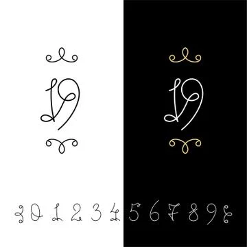 Set of vector calligraphy numbers from 0 to 9. Lined ornate monogram. Stock Illustration