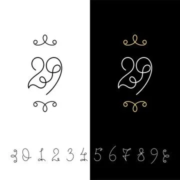 Set of vector calligraphy numbers from 0 to 9. Lined ornate monogram. Stock Illustration