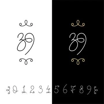 Set of vector calligraphy numbers from 0 to 9. Lined ornate monogram. Stock Illustration