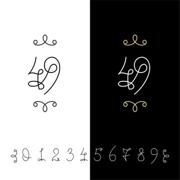 Set of vector calligraphy numbers from 0 to 9. Lined ornate monogram. Illustrazione stock