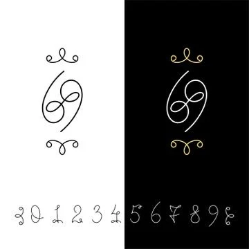 Set of vector calligraphy numbers from 0 to 9. Lined ornate monogram. Stock Illustration