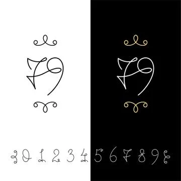 Set of vector calligraphy numbers from 0 to 9. Lined ornate monogram. Illustrazione stock
