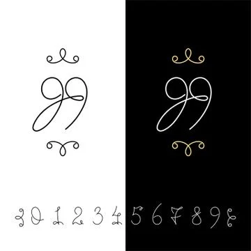 Set of vector calligraphy numbers from 0 to 9. Lined ornate monogram. Stock Illustration