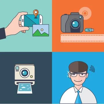 Set of vector camera concept design flat line イラスト素材