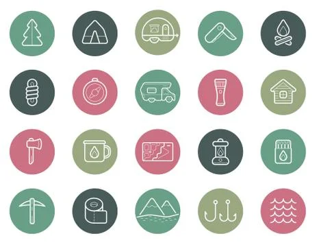 Set of Vector Camping Camp Elements and Outdoor Activity Icons Illustration c 스톡 일러스트