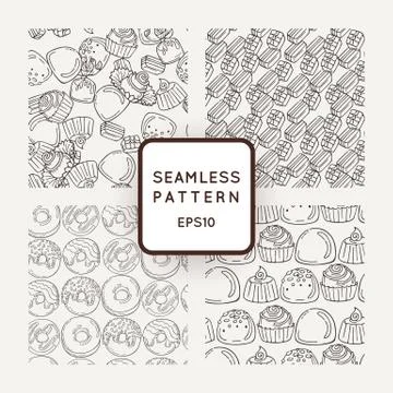 Set of Vector Candy and Muffins Seamless Patterns. Sweet Party Texture Stock Illustration
