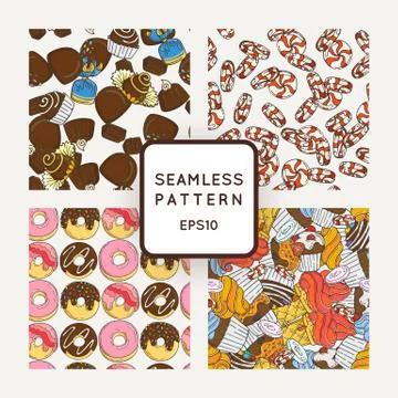 Set of Vector Candy, Bows and Muffins Seamless Patterns. Sweet Party Texture Illustrazione stock