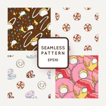 Set of Vector Candy, Bows and Muffins Seamless Patterns. Sweet Party Texture Stock Illustration