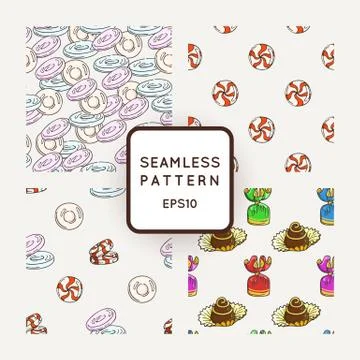 Set of Vector Candy, Bows and Muffins Seamless Patterns. Sweet Party Texture Stock Illustration