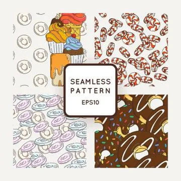 Set of Vector Candy, Bows and Muffins Seamless Patterns. Sweet Party Texture Illustrazione stock