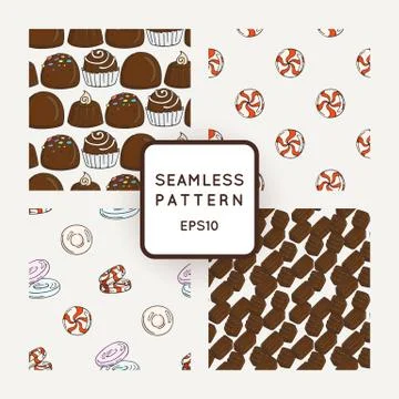 Set of Vector Candy, Bows and Muffins Seamless Patterns. Sweet Party Texture Illustrazione stock
