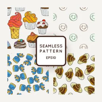 Set of Vector Candy, Bows and Muffins Seamless Patterns. Sweet Party Texture Illustrazione stock