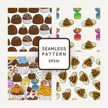 Set of Vector Candy, Bows and Muffins Seamless Patterns. Sweet Party Texture Illustrazione stock