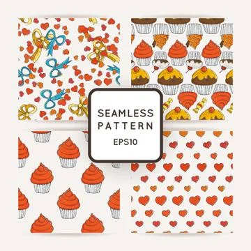 Set of Vector Candy, Bows, Hearts and Muffins Seamless Patterns Illustrazione stock
