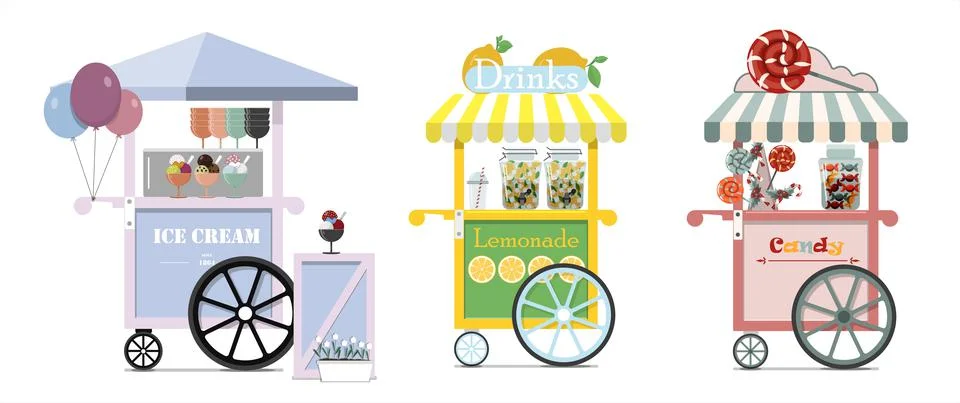 Set of vector candy cart, ice cream and lemonade carts. Vector flat illustration Illustrazione stock