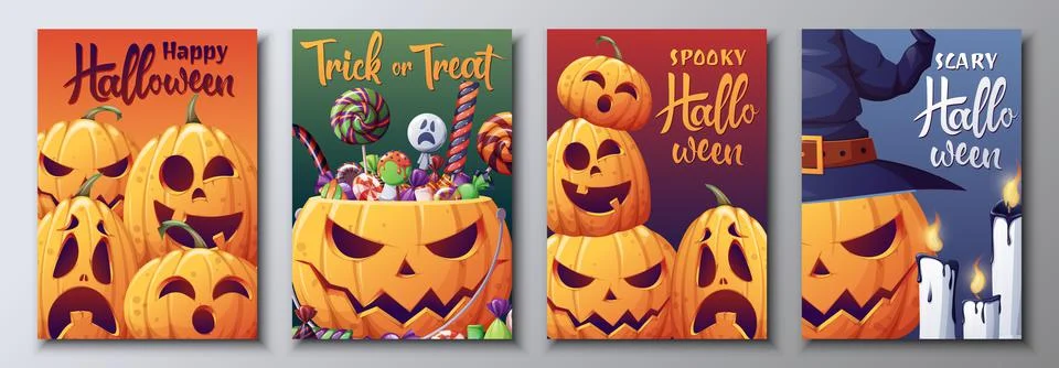 Set of vector cards with pumpkins and inscriptions for Halloween.Illustration Stock Illustration
