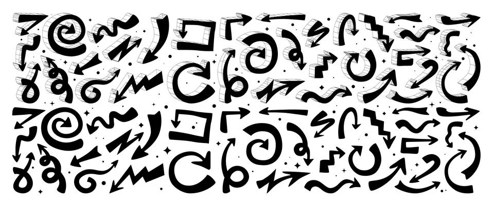 Set of vector cartoon arrows sketch handmade with the imitation of a pen, v.. Stock Illustration