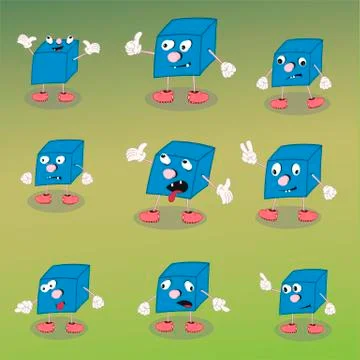 Set of vector cartoon characters blue cube shows different emotions on a colo Stock Illustration