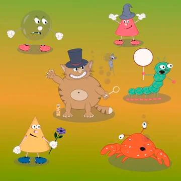 Set of vector cartoon characters bubble, crab, cat, cone, caterpillar show di Stock Illustration
