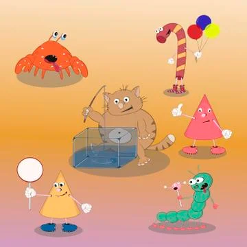 Set of vector cartoon characters candy, crab, cat, cone, caterpillar show dif Stock Illustration