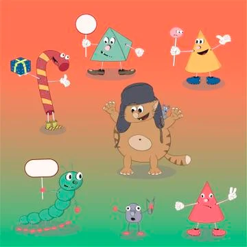 Set of vector cartoon characters candy, cone, pyramid, cat and caterpillar on Stock Illustration