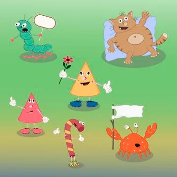 Set of vector cartoon characters candy, cat, crab, cone, caterpillar show dif Stock Illustration