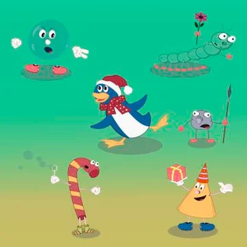 Set of vector cartoon characters candy, bubble, penguin, cone, caterpillar sh Stock Illustration