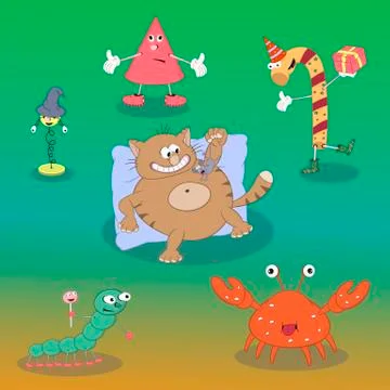 Set of vector cartoon characters candy, spring, crab, cat, cone, caterpillar  Stock Illustration