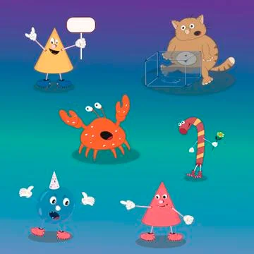 Set of vector cartoon characters candy, crab, cat, cone, candy on a colorful  Stock Illustration