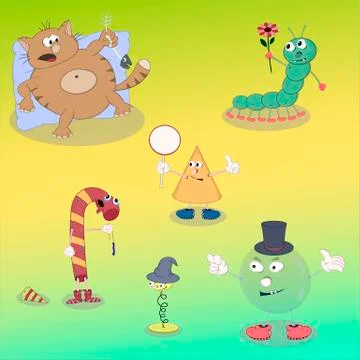 Set of vector cartoon characters cat, caterpillar, bubble, cone, candy, sprin Stock Illustration
