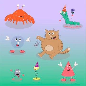 Set of vector cartoon characters cat, caterpillar, bubble, crab, candy, sprin Stock Illustration