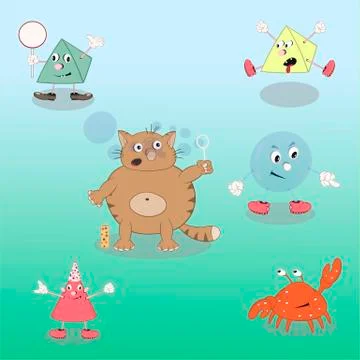 Set of vector cartoon characters cone, pyramid, cat, crab and bubble on a col Stock Illustration